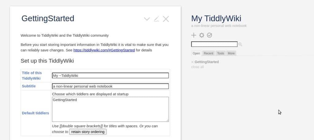 1-tiddlywiki açılış ekrani