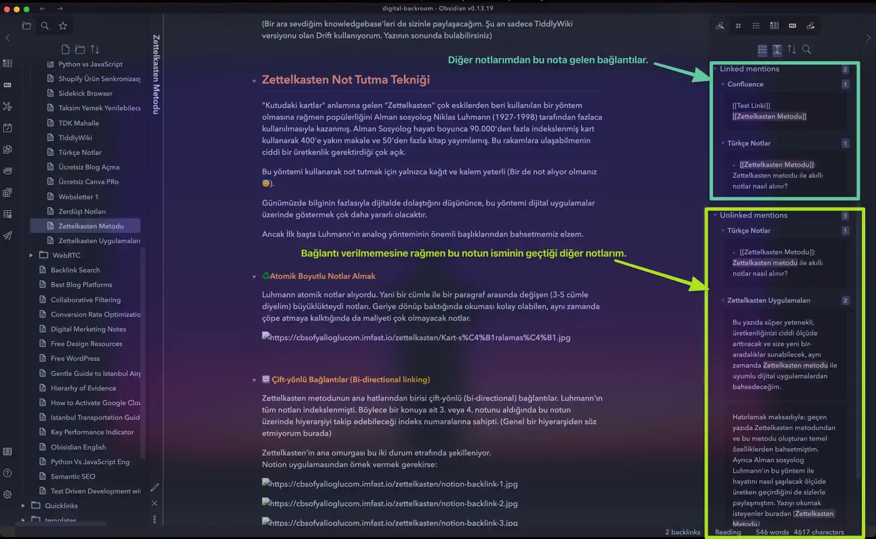 Obsidian uygulamasında backlinkler