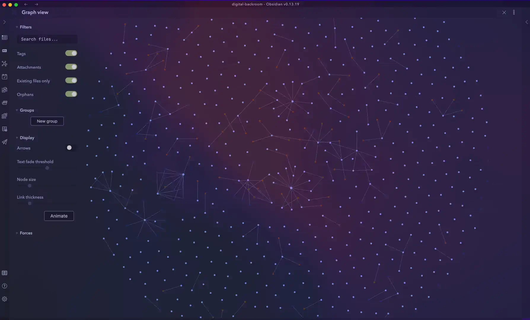 Obsidian uygulaması graph görünüm.
